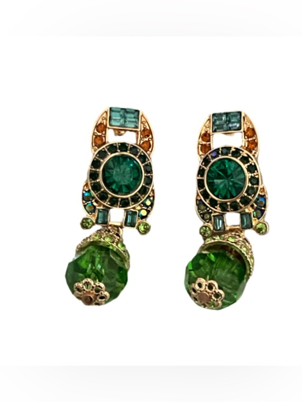 Green Rhinestone Crystal Beaded Drop Statement Earrings Gold Tone